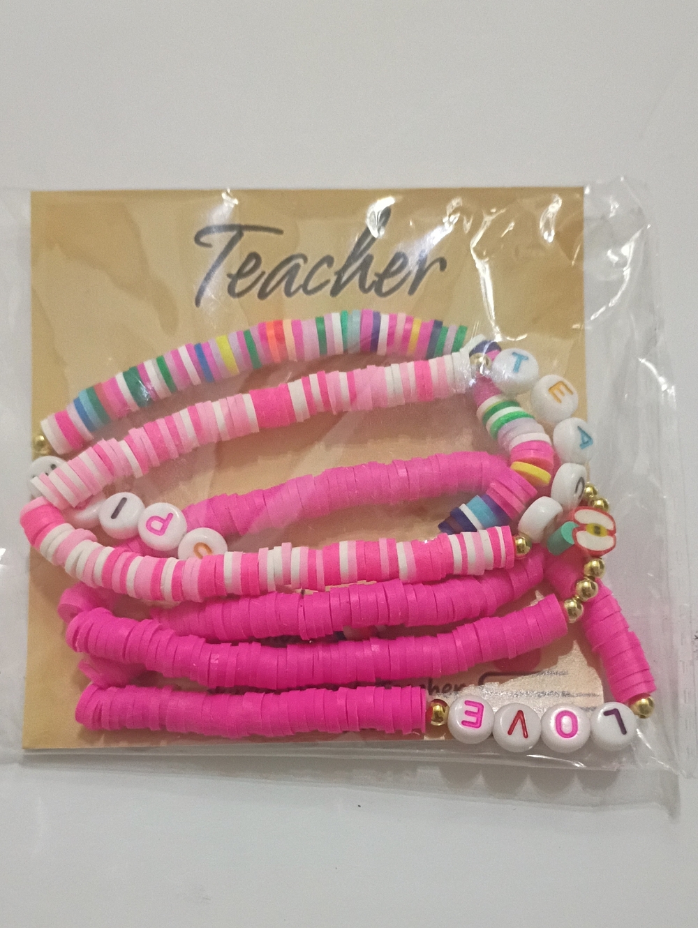 Pink Teacher Bracelet Set - Multicolor Beaded Stretch Stack